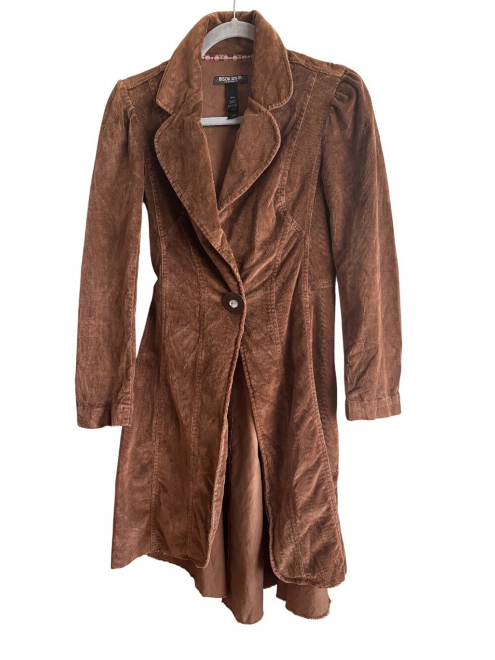 Vintage Y2K Bisou Bisou Fine Wale Corduroy Raw Hem Long Trench Jacket Brown